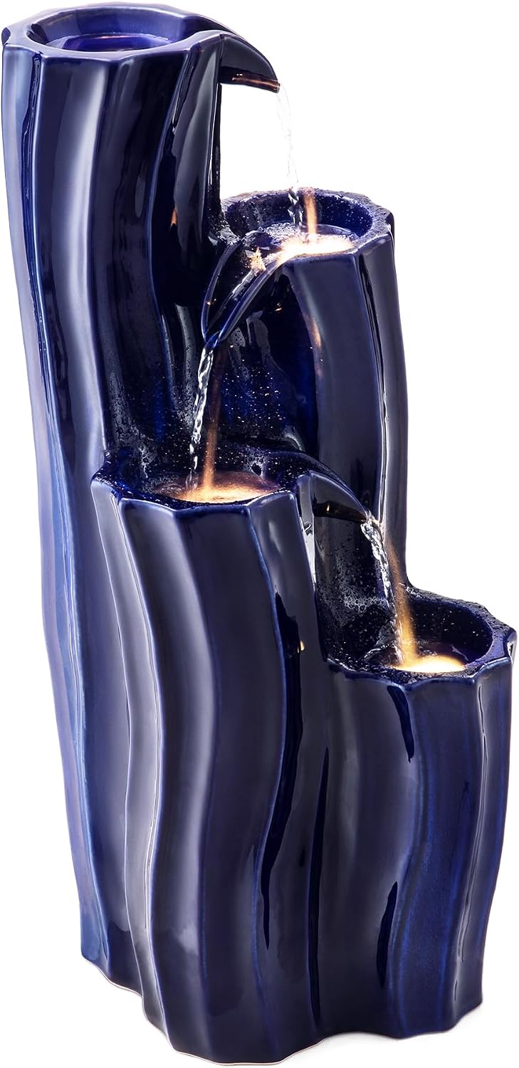 Glitzhome 30' Tall Outdoor Water Fountain with LED Light, Pump & Adapter, 4-Tier Cobalt Blue Wavy Texture Ceramic Cascading Garden Fountains Waterfalls for Porch Deck Patio Backyard