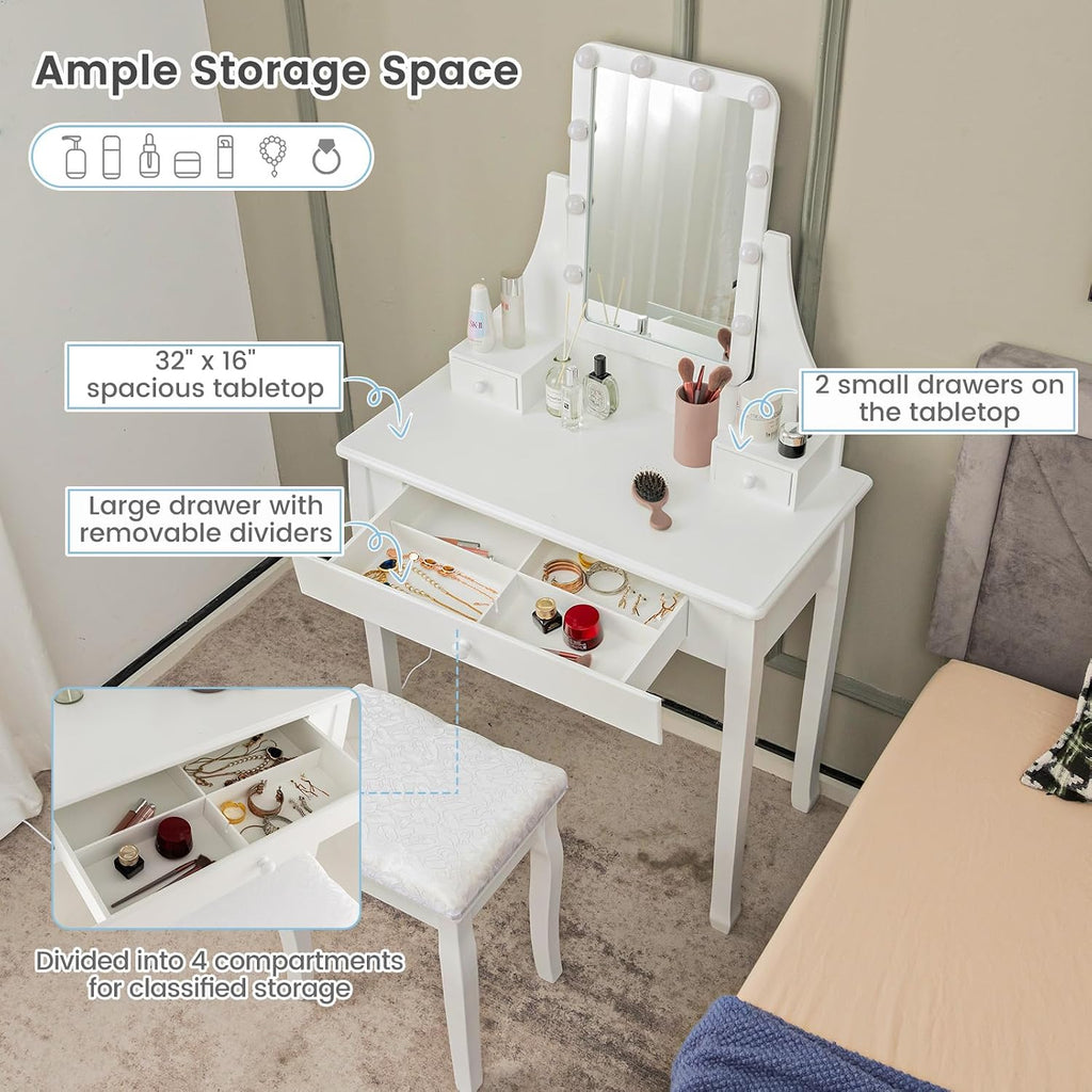 CHARMAID Makeup Vanity Desk with Lighted Mirror, 3 Color Lighting Modes, Adjustable Brightness, 3 Drawers, Removable Dividers, Bedroom Dressing Table Vanity Set with Stool for Girls Gift (White)