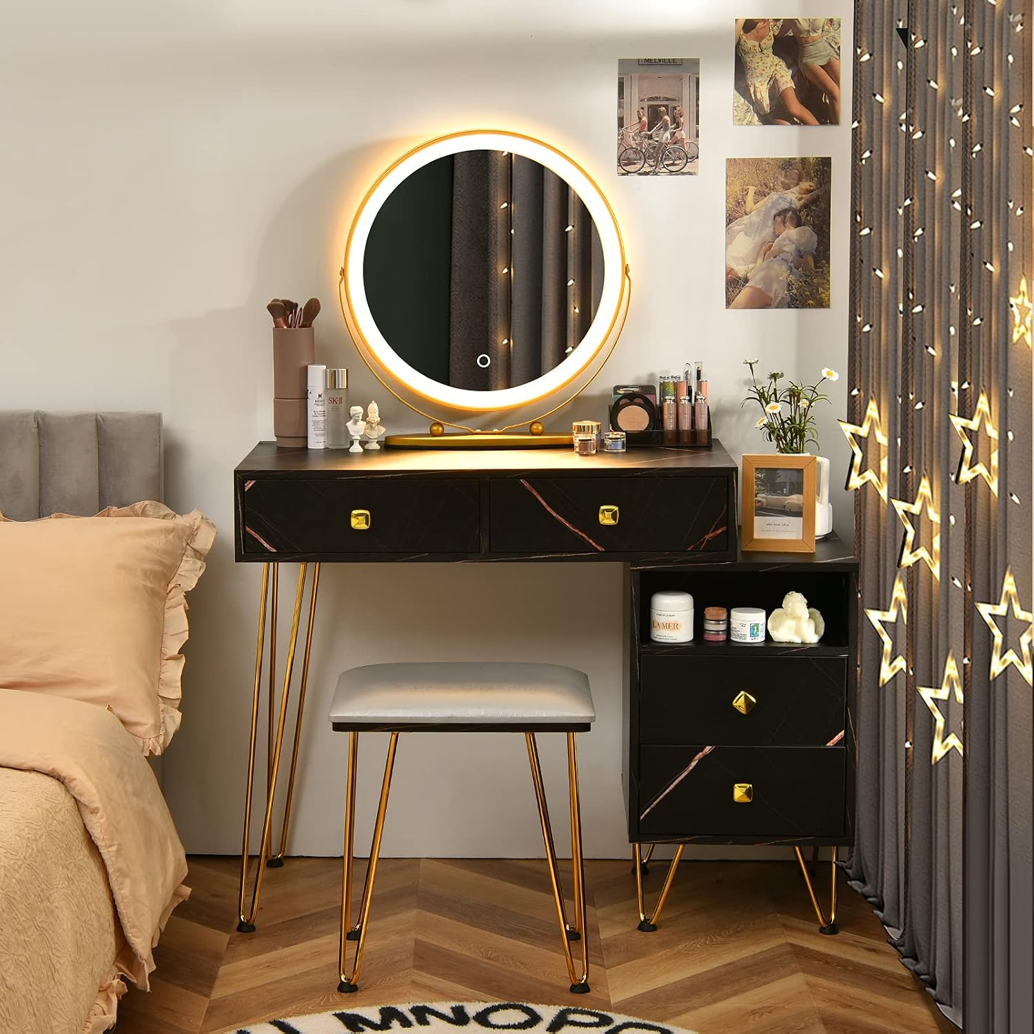 CHARMAID Vanity Desk with Reversible Side Cabinet, Makeup Vanity Table with Lighted Mirror, 3 Color Lights, 4 Drawers, Bedroom Dressing Table with Nightstand and Stool, Marble Black