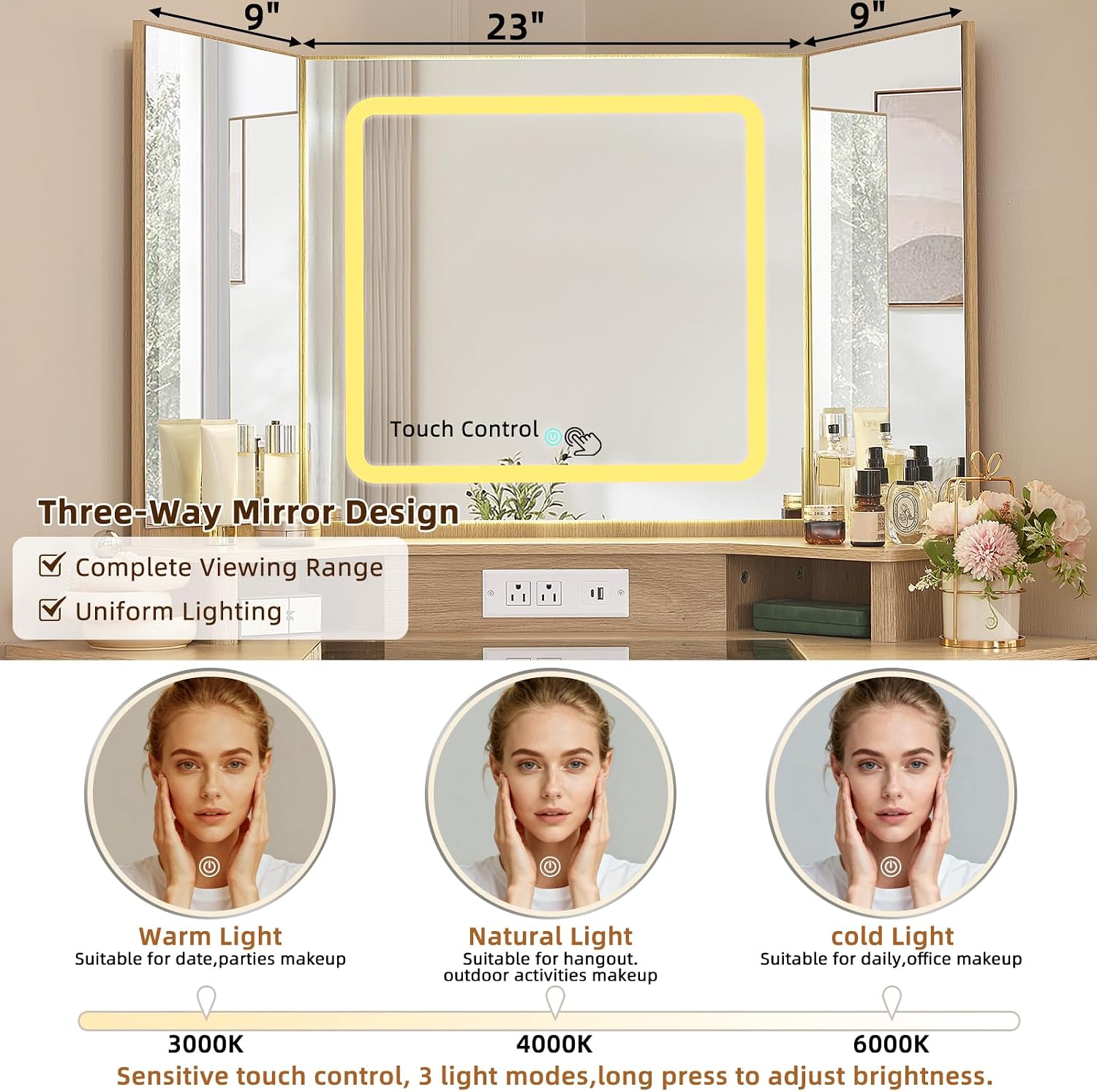 Lerliuo LEYAOYAO Fluted Makeup Vanity Desk with Mirror and Lights, 43.5'' Blue Vanity Table with Glass Top and Power Outlet, Make Up Vanity with 6 Drawers and Adjustable Shelves for Bedroom