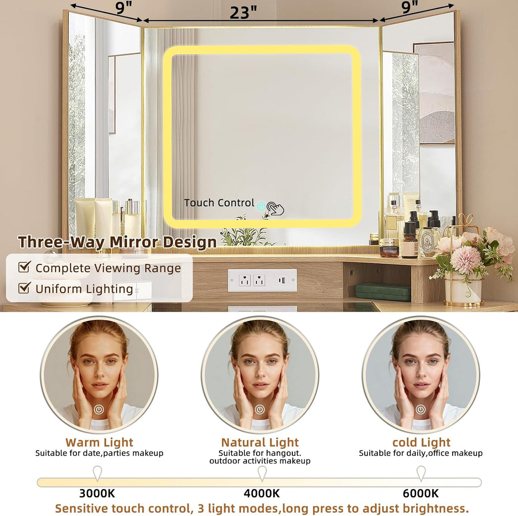 Lerliuo LEYAOYAO Fluted Makeup Vanity Desk with Mirror and Lights, 43.5'' Blue Vanity Table with Glass Top and Power Outlet, Make Up Vanity with 6 Drawers and Adjustable Shelves for Bedroom