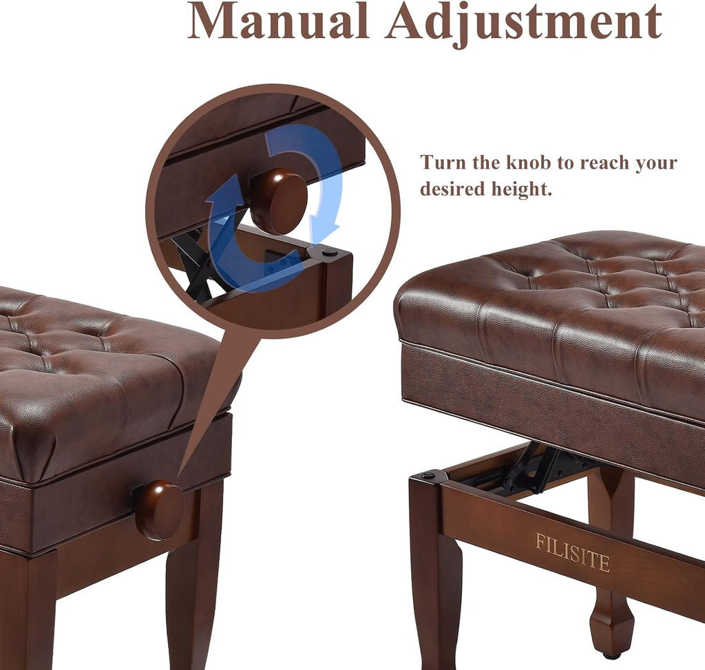 Adjustable Height Piano Bench with Storage, Heavy Duty Solid Wood Piano Stool Keyboard Bench with PU Leather Padded Cushion(Wood)