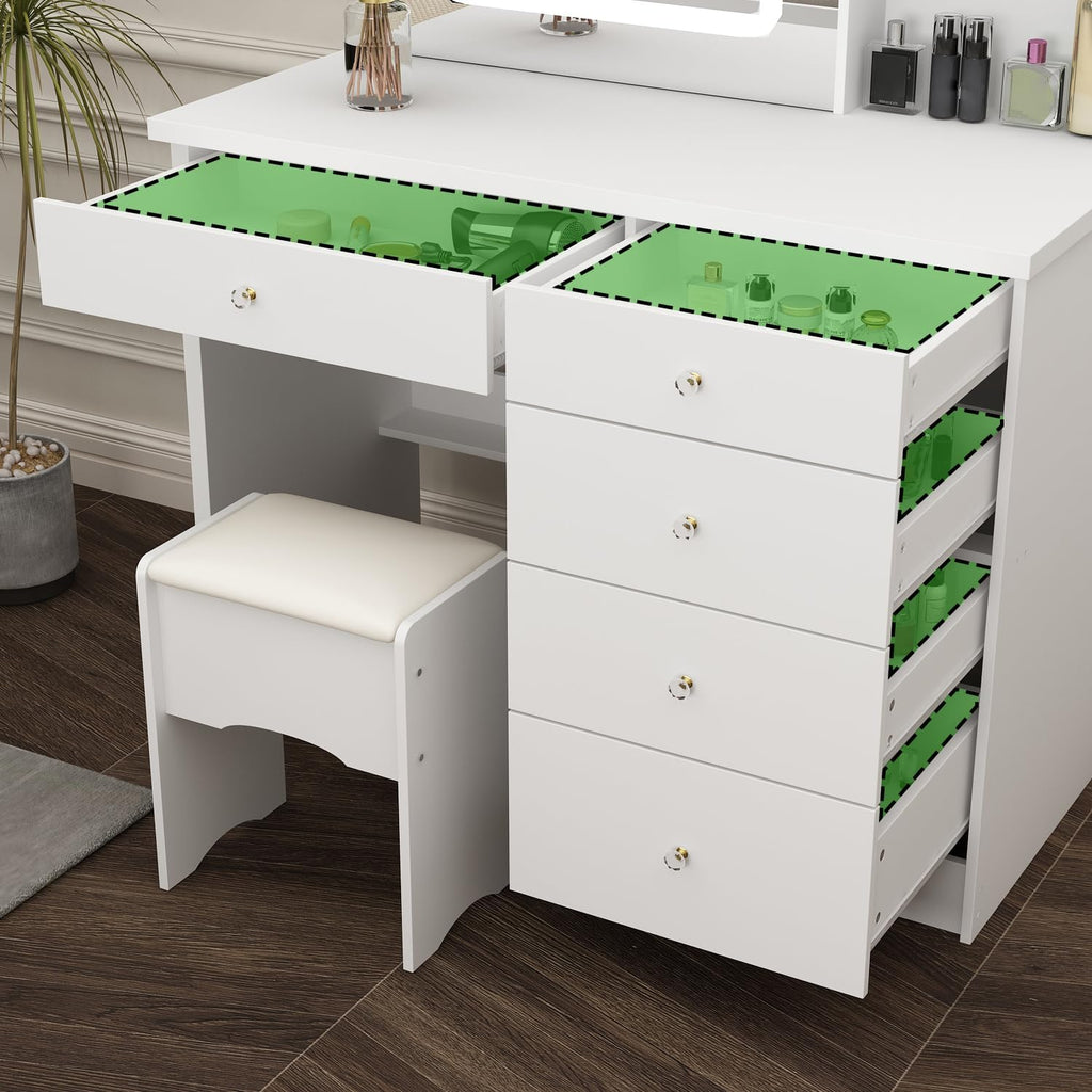 Vanity with Chair, Dressing Table with Lighted Sqaure Mirror, 5 Drawers and Shelves, Makeup Vanity Set with Storage for Bedroom, Crystal Knobs, White, 19.7' D x 39.4' W x 53.5' H