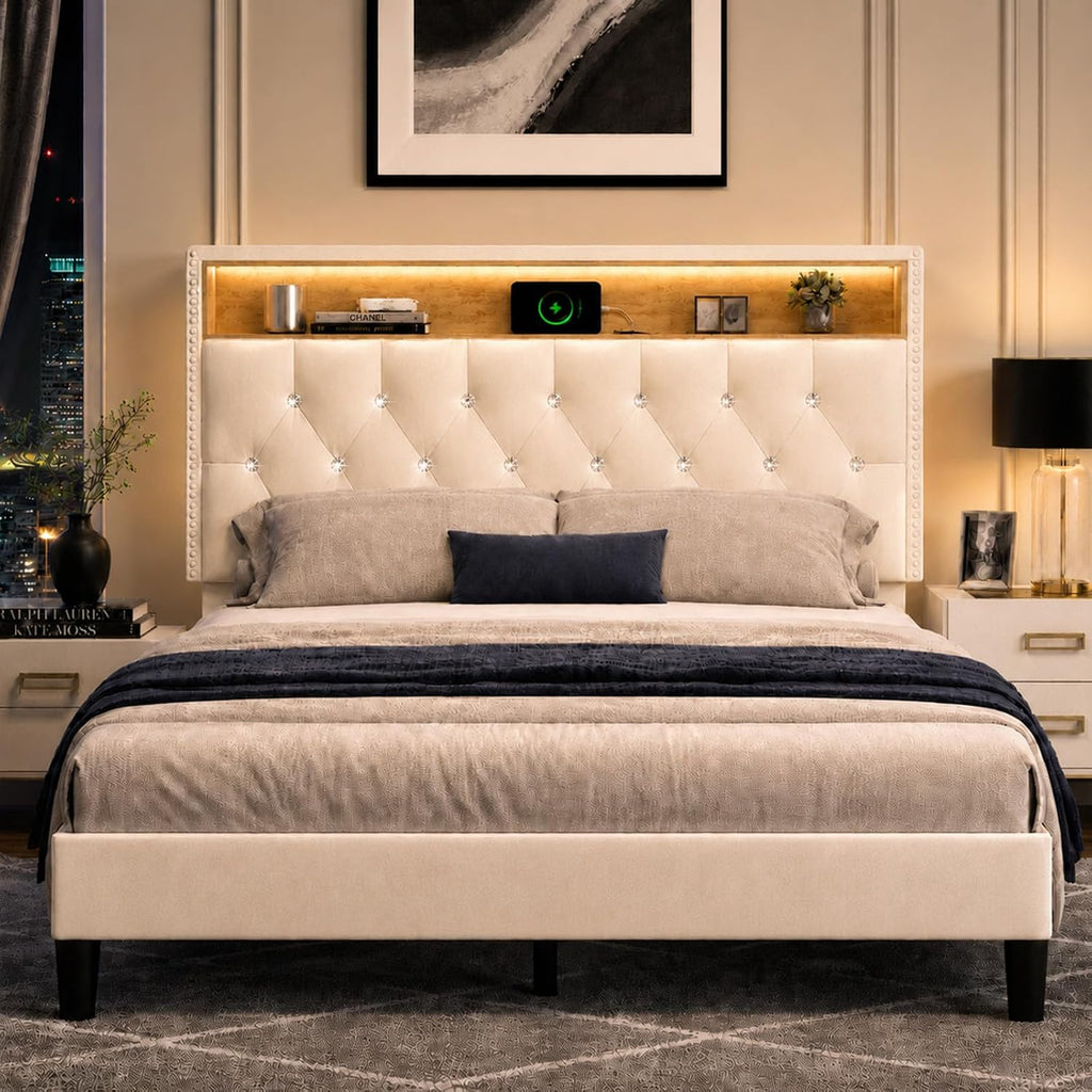 HOMBCK Bed Frame Queen Size with Headboard, Velvet Upholstered Queen LED Bed Frame with Charging Station and Storage, Modern Diamond and Rivet Design, No Box Spring Needed, Easy Assembly, Beige