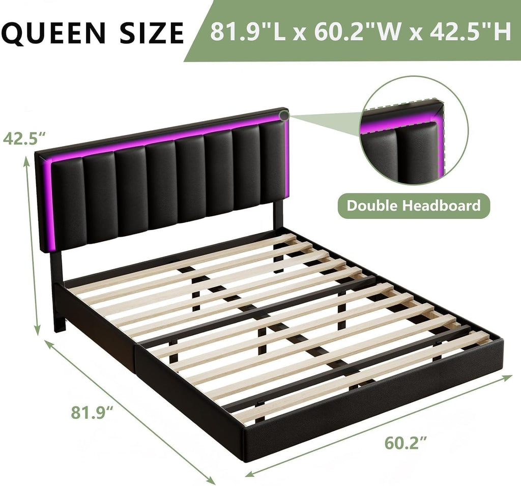 IMMERSTABLE Queen Size Floating Bed Frame with LED Lights, Upholstered Platform Bed with Headboard, 11 in Storage Clearance, Solid Wood Slats, No Box Spring Needed, Easy Assembly, Black