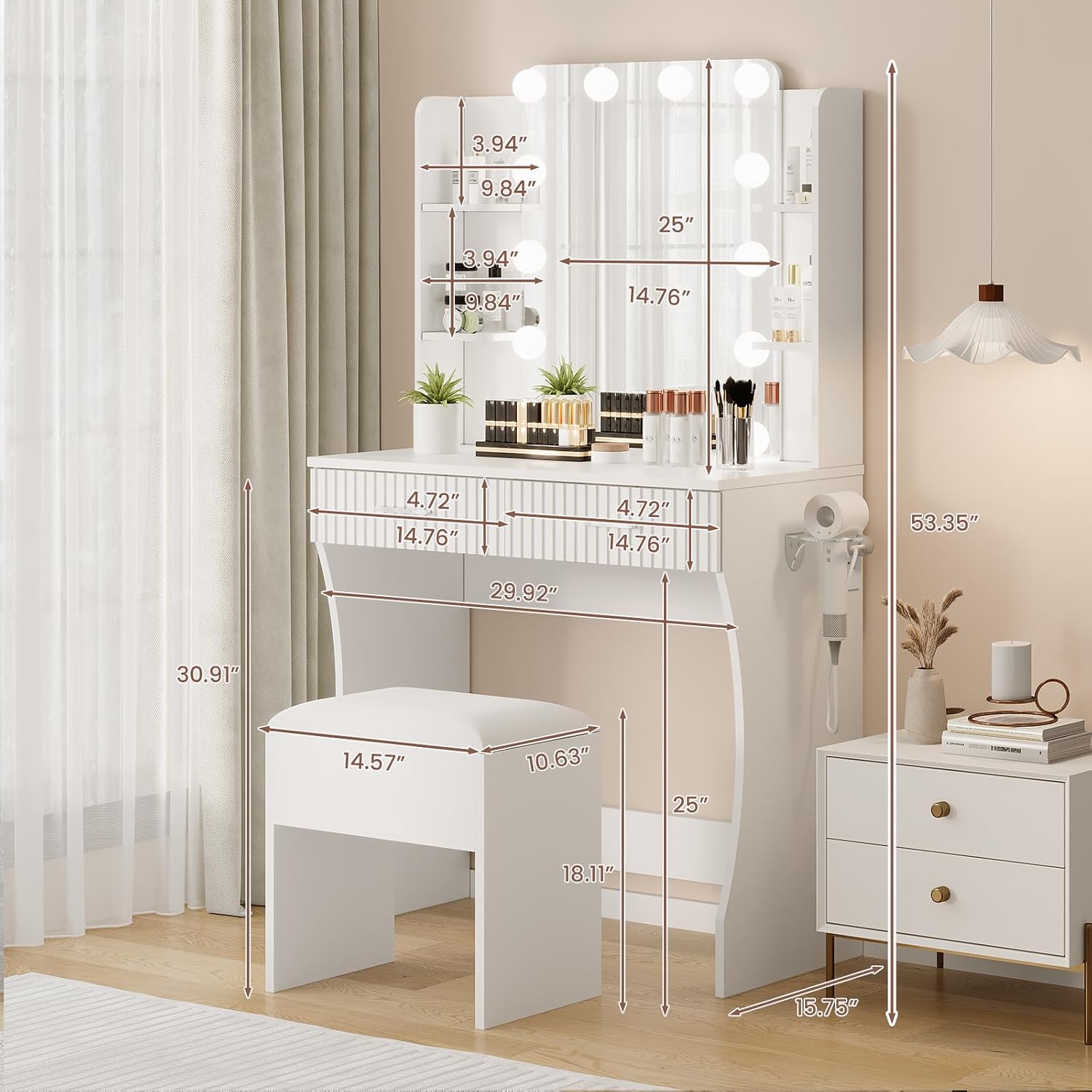 IDEALHOUSE Makeup Vanity Desk with Mirror and 12 LED Lights, White Vanity Table with Power Outlet, 2 Drawers, 6 Shelves, Hair Dryer Holder & Stool, Modern Dressing Table Furniture for Bedroom