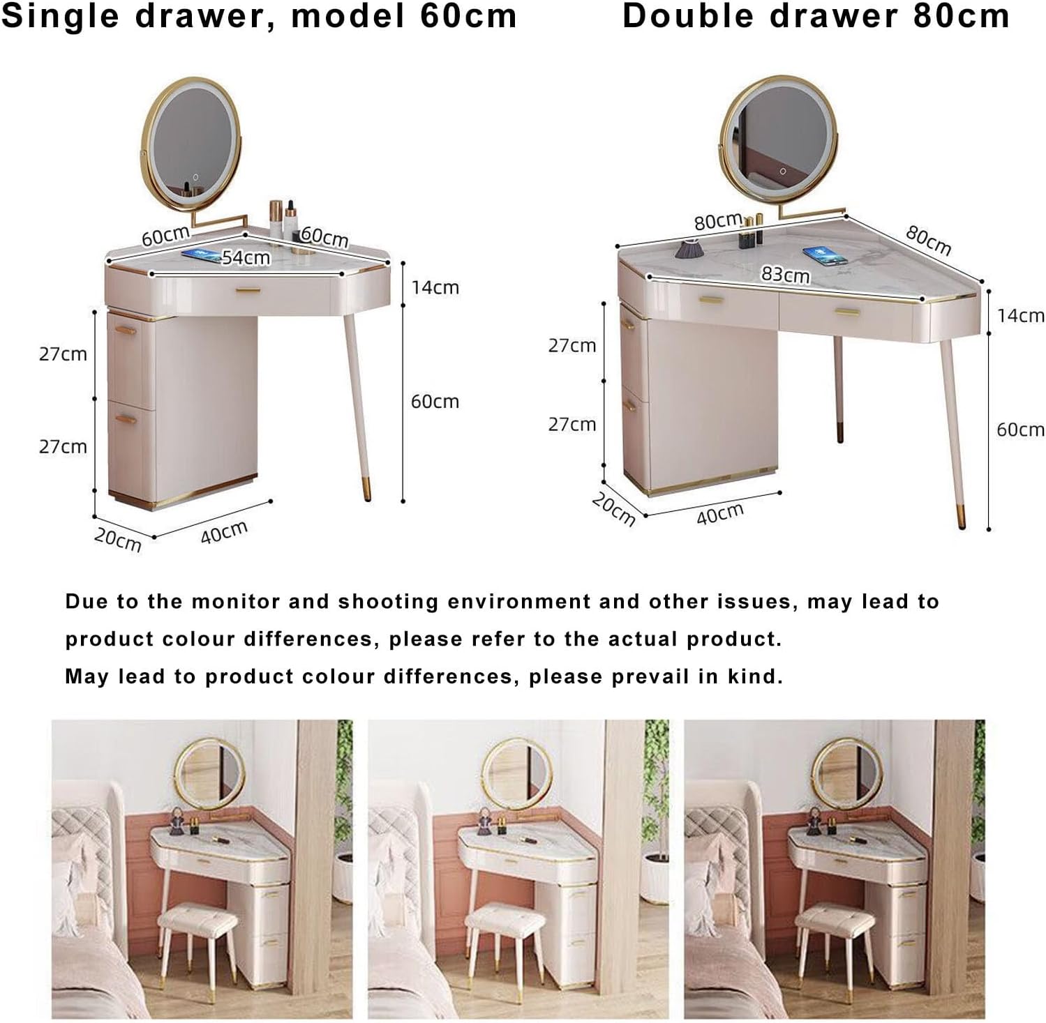 UPGENT Corner Dressing Table with Lighted Mirror, Vanity Makeup Table with Drawers, Cabinet and Cushioned Stool, Girls Vanity Desk for Bathroom, Bedroom (White) (Size : 60CM)