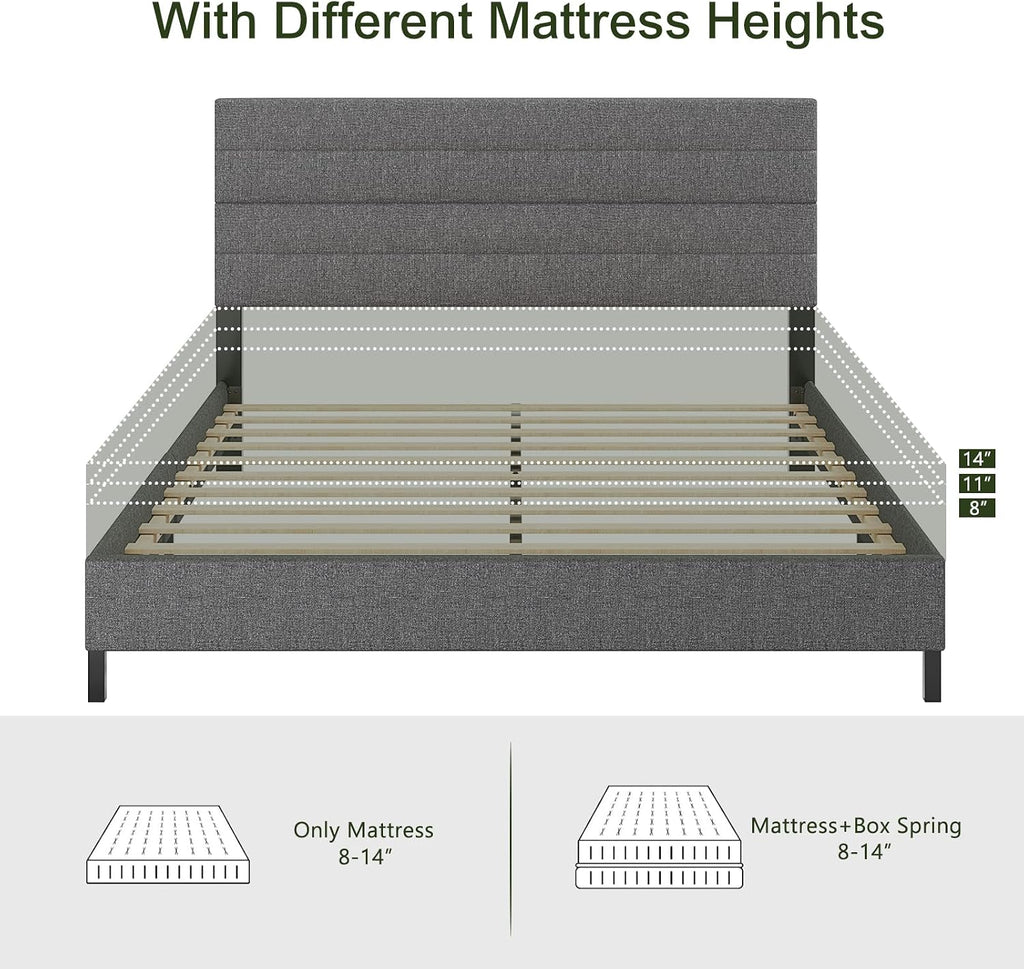 Furnihome Queen Bed Frame, Modern Upholstered Bed Frame with Adjustable Linen Headboard, Wooden Slats Support Platform Queen Size Bed Frames, No Box Spring Needed,Easy Assembly,Dark Grey