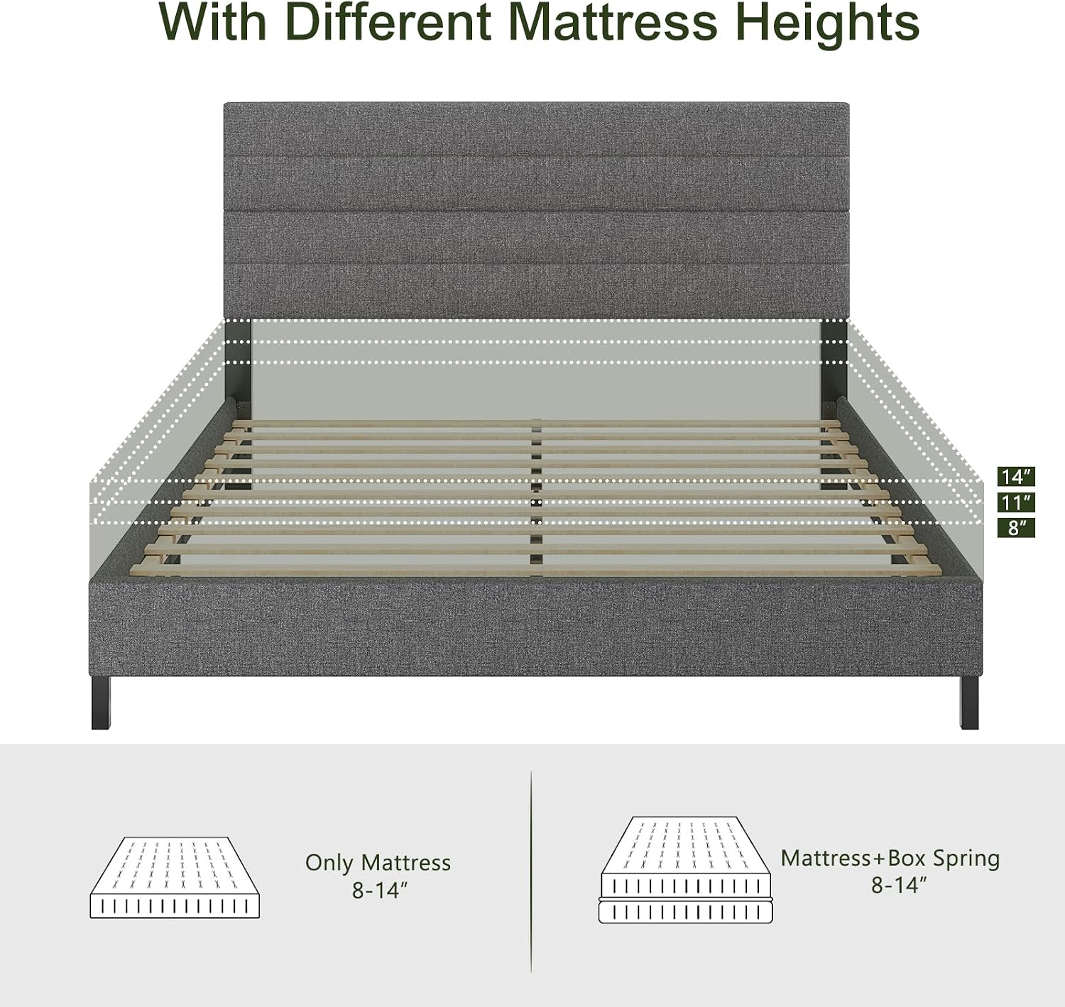Furnihome Queen Bed Frame, Modern Upholstered Bed Frame with Adjustable Linen Headboard, Wooden Slats Support Platform Queen Size Bed Frames, No Box Spring Needed,Easy Assembly,Dark Grey