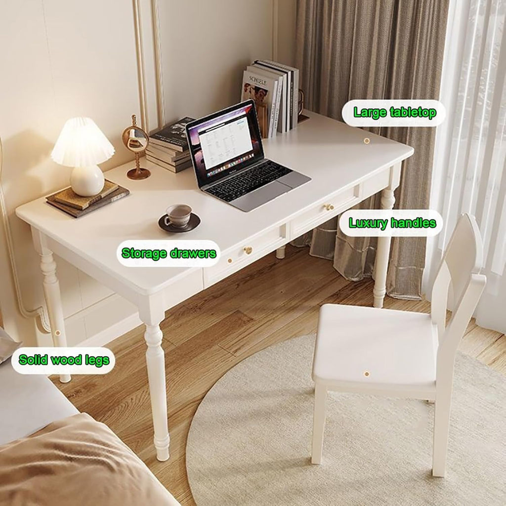 French Country Style Writing Desk, Writing Table with Double Drawer Storage, 47'' Long Solid Wood Farmhouse Computer Table, 30' High Vanity Dressing Desk, Rounded Table Corners,for Office or Workspace