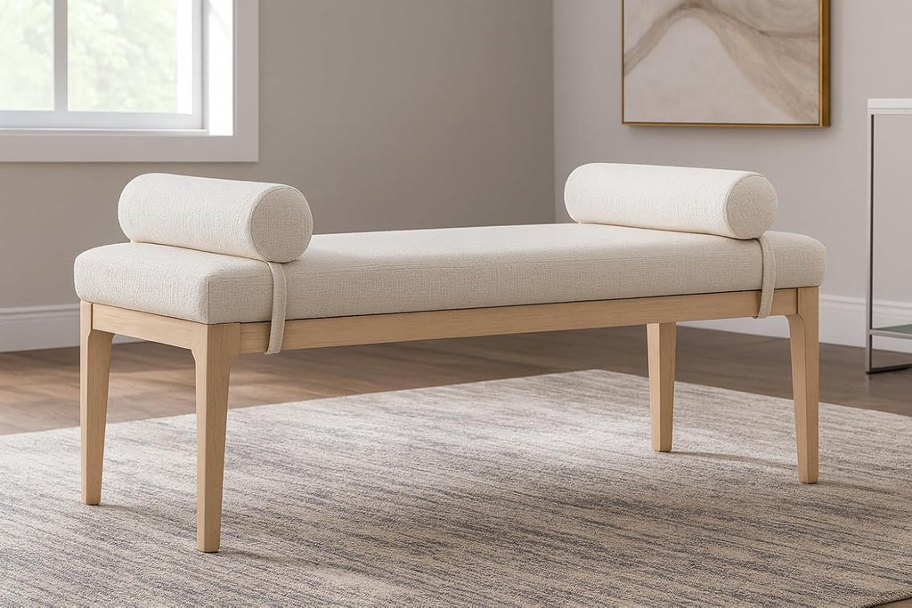 Meridian Furniture 22072Cream Priscilla Collection Art Deco Bench with Rich Linen Textured Interwoven Polyester Fabric, Light Beige Weave, Finished Solid Wood, 52' W x 22' D x 23.5' H, Cream