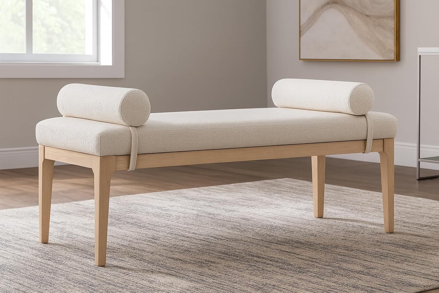 Meridian Furniture 22072Cream Priscilla Collection Art Deco Bench with Rich Linen Textured Interwoven Polyester Fabric, Light Beige Weave, Finished Solid Wood, 52' W x 22' D x 23.5' H, Cream