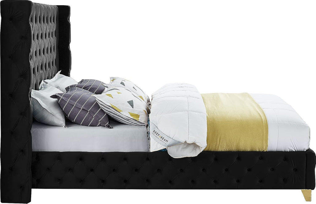 Meridian Furniture SavanBlack-F Savan Collection Modern | Contemporary Velvet Upholstered Bed with Deep Button Tufting in Gold or Chrome Finish, 66' W x 81' D x 56' H, Black, Full