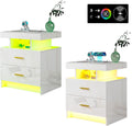WOOVIVS Night Stand Set 2 with USB/Type-C/Wireless Charging Station, White Nightstands with RGB Auto LED Lights, Modern Bedside Table Set of 2 with 2 Drawers for Bedroom Furniture