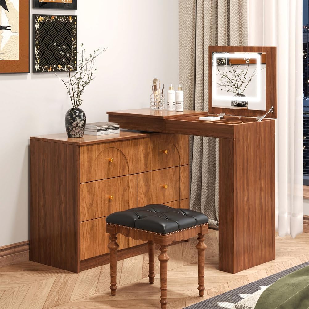 60'' Vanity Desk with Flip-Top Mirror & LED Lights, Convertible L-Shaped Makeup Vanity Table with 6 Drawers, Shelves & Storage Compartments, Modern Corner Dressing Table for Bedroom,Walnut