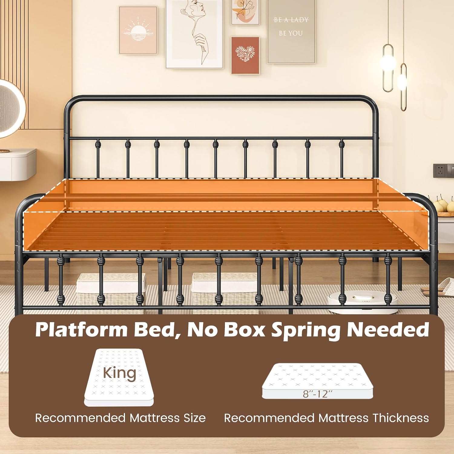Giantex King Size Metal Platform Bed Frame, Victorian Style King Platform Bed with Headboard & Footboard, Heavy Duty Mattress Foundation, 1100 lbs Capacity, No Box Spring Needed, Noise-Free, Black