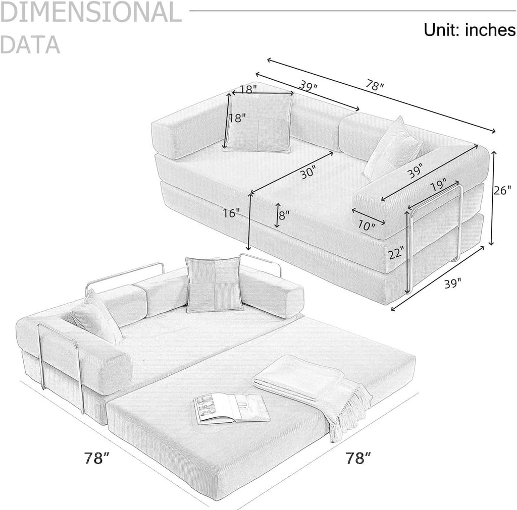 4-in-1 Folding Convertible Sofa Bed, 78 Inch Boneless Couch with Fixed-Shape Frame, Corduroy Loveseat Sleeper with Pull Out Bed, Floor Sofa Modular Futon Couch for Living Room Bedroom Lounge (Pink)