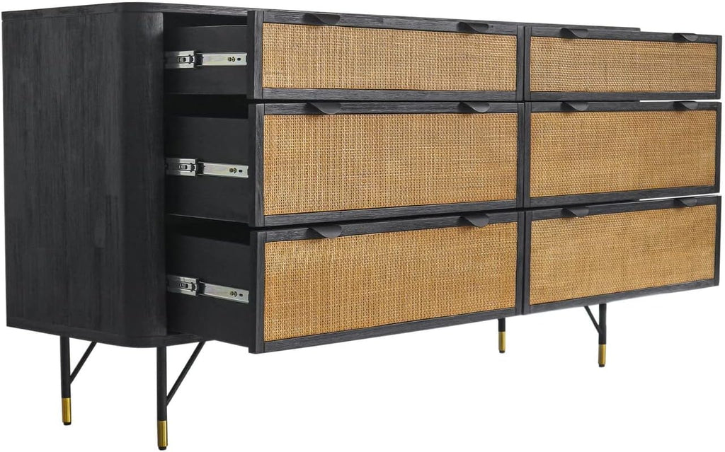 Armen Living Saratoga 4 Piece King Bedroom Set in Black Acacia Wood and Rattan