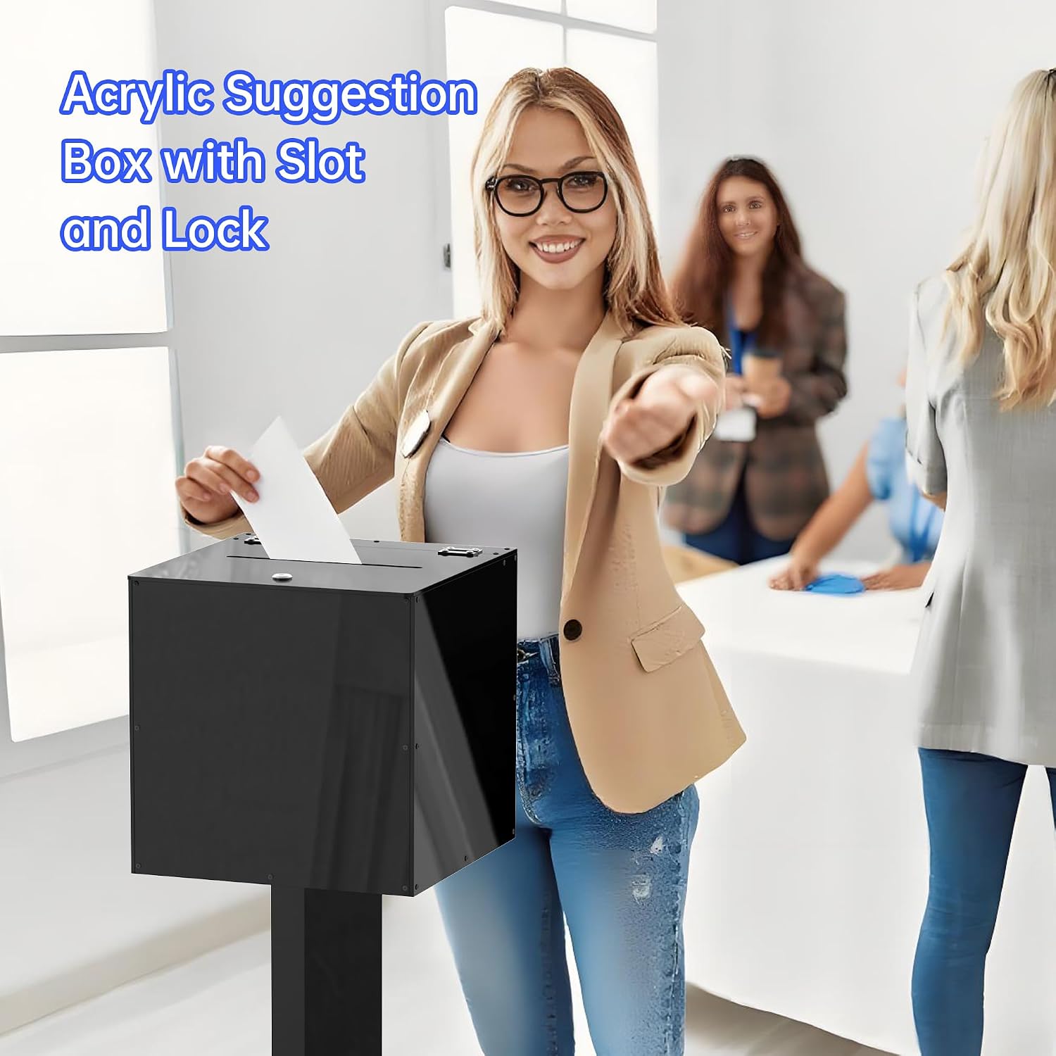 Acrylic Donation Box with Stand on Wheels, Mobile Locking Offering Box for Church & Charity, Private Standing Suggestion Box with Casters for Office, Large Floor Ballot Box, Tithe Box (Opaque Black)