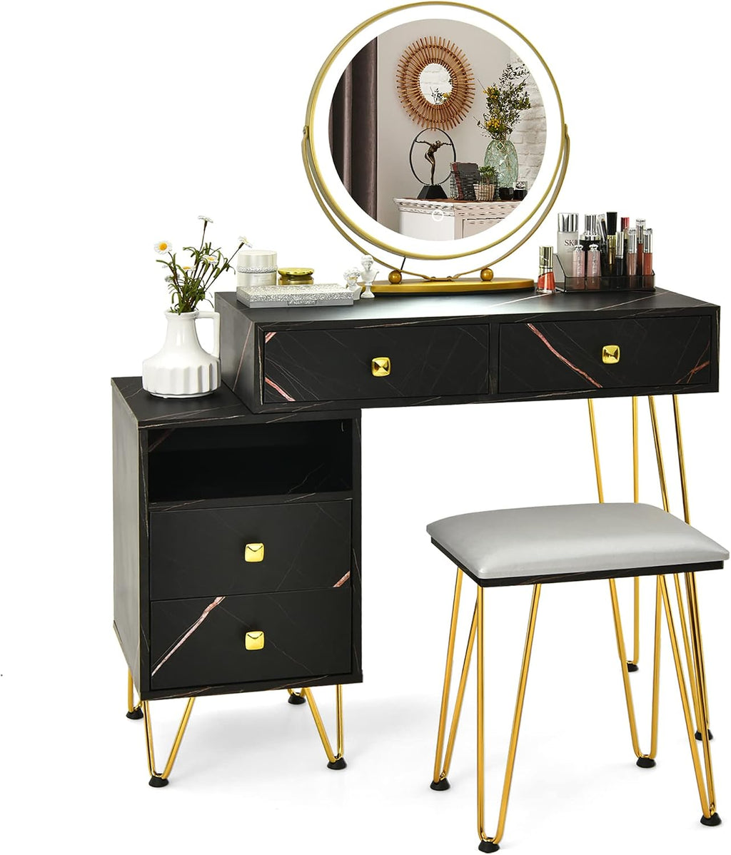 DORTALA Vanity Set, Wooden Makeup Dressing Table with 3 Colors Lighted Mirror & Stool, Left or Right Side Cabinet, Lipstick Storage Box, Large Storage Drawers, Bedroom Vanity Desk Set for Girls, Black