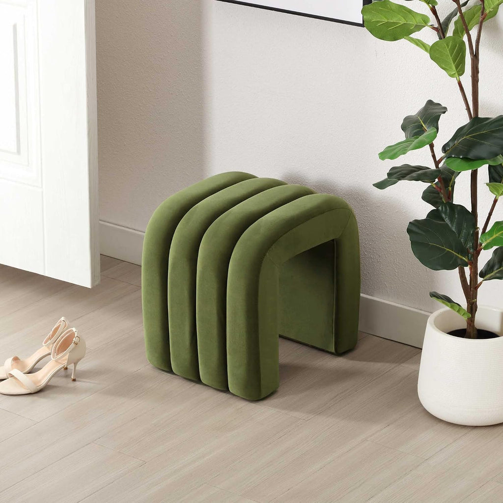 Flouki Ottoman Foot Stool with Channel Tufted, Small Ottoman Bench for Entryway, Modern Velvet Vanity Stool Chair, Upholstered Foot Rest Extra Seat for Living Room (Green)