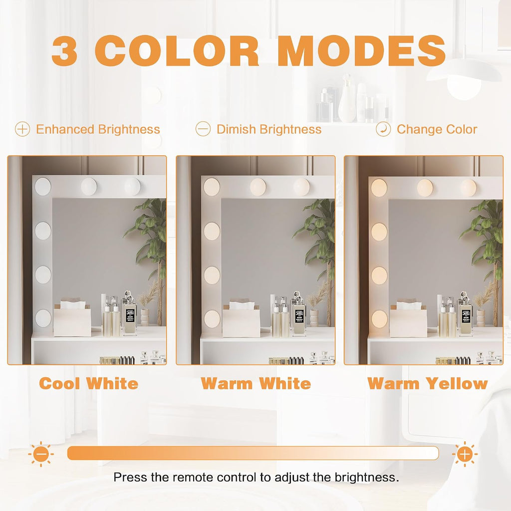 YESHOMY 39' Vanity Desk with Mirror & Lights, Makeup Vanity Table with Power Outlet & Storage Drawers, 3 Color LED Lighting, Dressing Table for Bedroom, Pure White