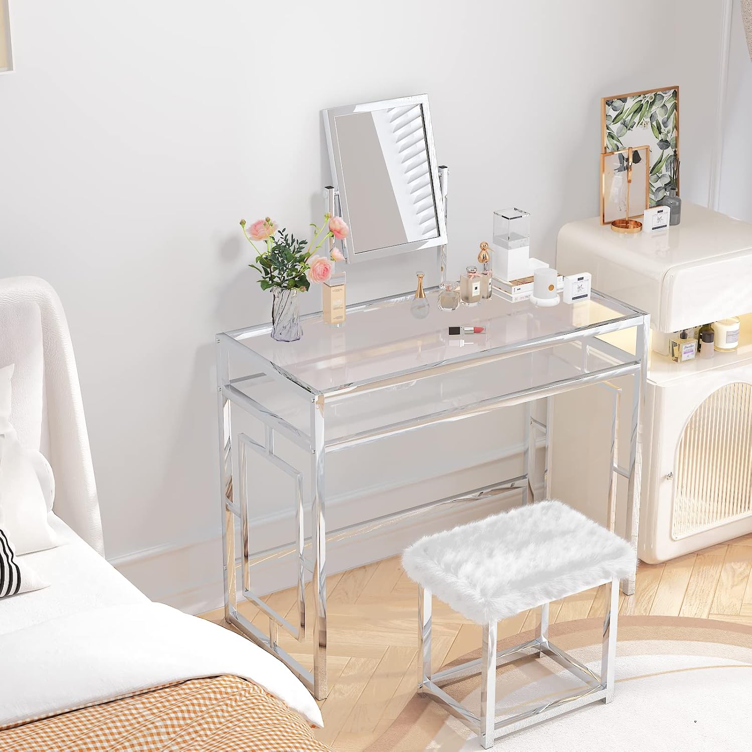 Acme Josh Metal Frame Vanity and Stool in White and Chrome