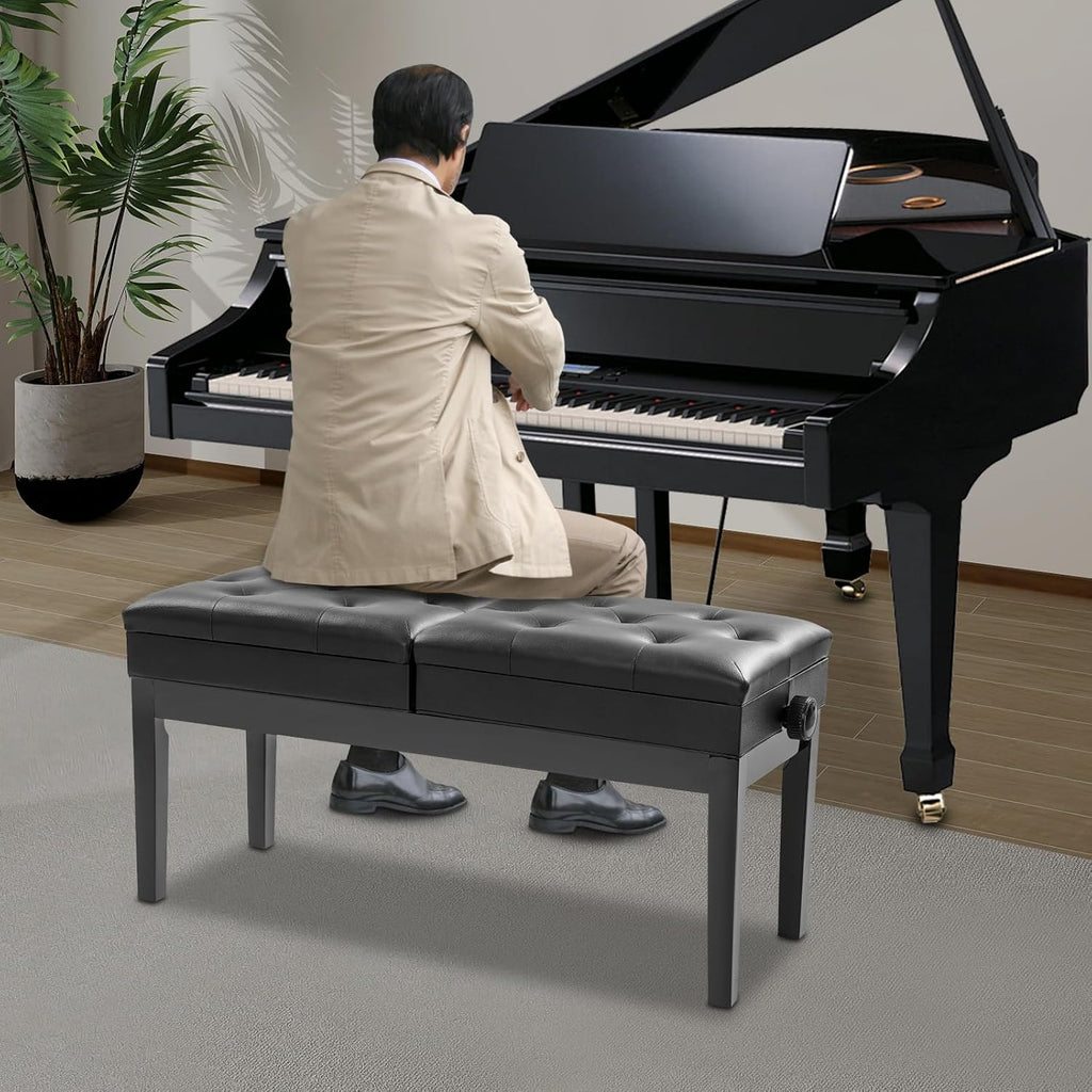 Adjustable Duet Piano Bench with Storage, Wood Keyboard Stool with PU Leather Padded Cushion, Double Seater Piano Chair with High-Density Sponge for Piano, Vanity, Living Room (Black)