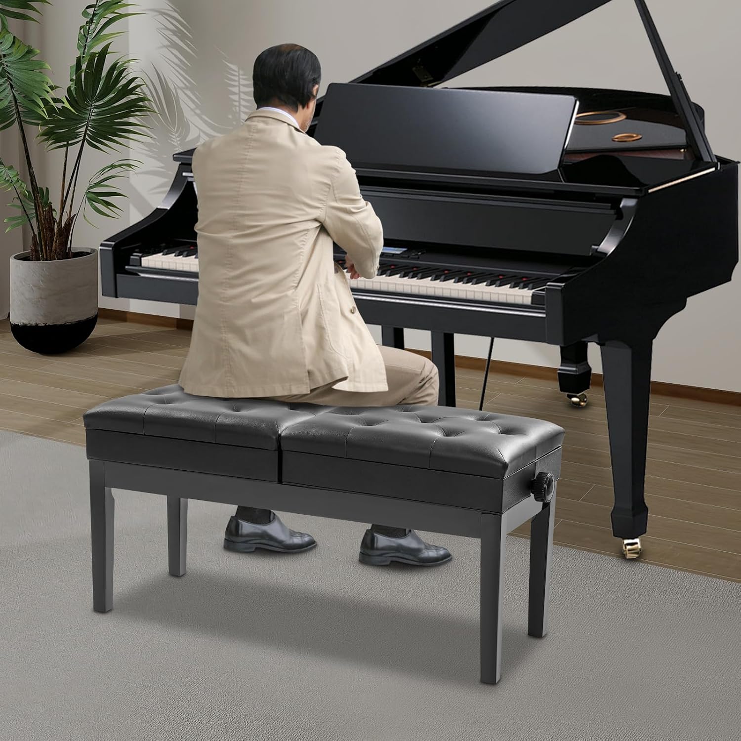 Adjustable Duet Piano Bench with Storage, Wood Keyboard Stool with PU Leather Padded Cushion, Double Seater Piano Chair with High-Density Sponge for Piano, Vanity, Living Room (Black)