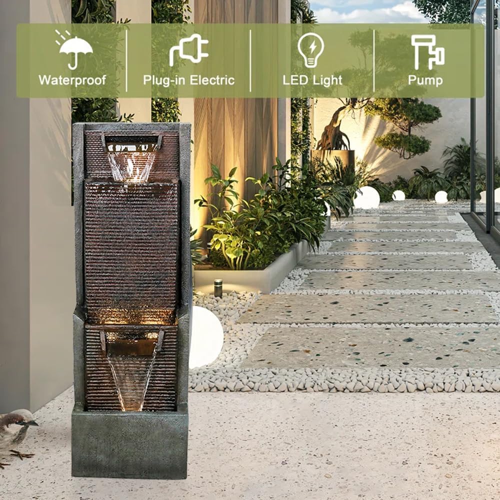 Outdoor Garden Water Fountain with Contemporary Design&LED Light Floor-Standing Water Feature Fountain - Suitable for Deck, Patio, Porch, Yard Decor