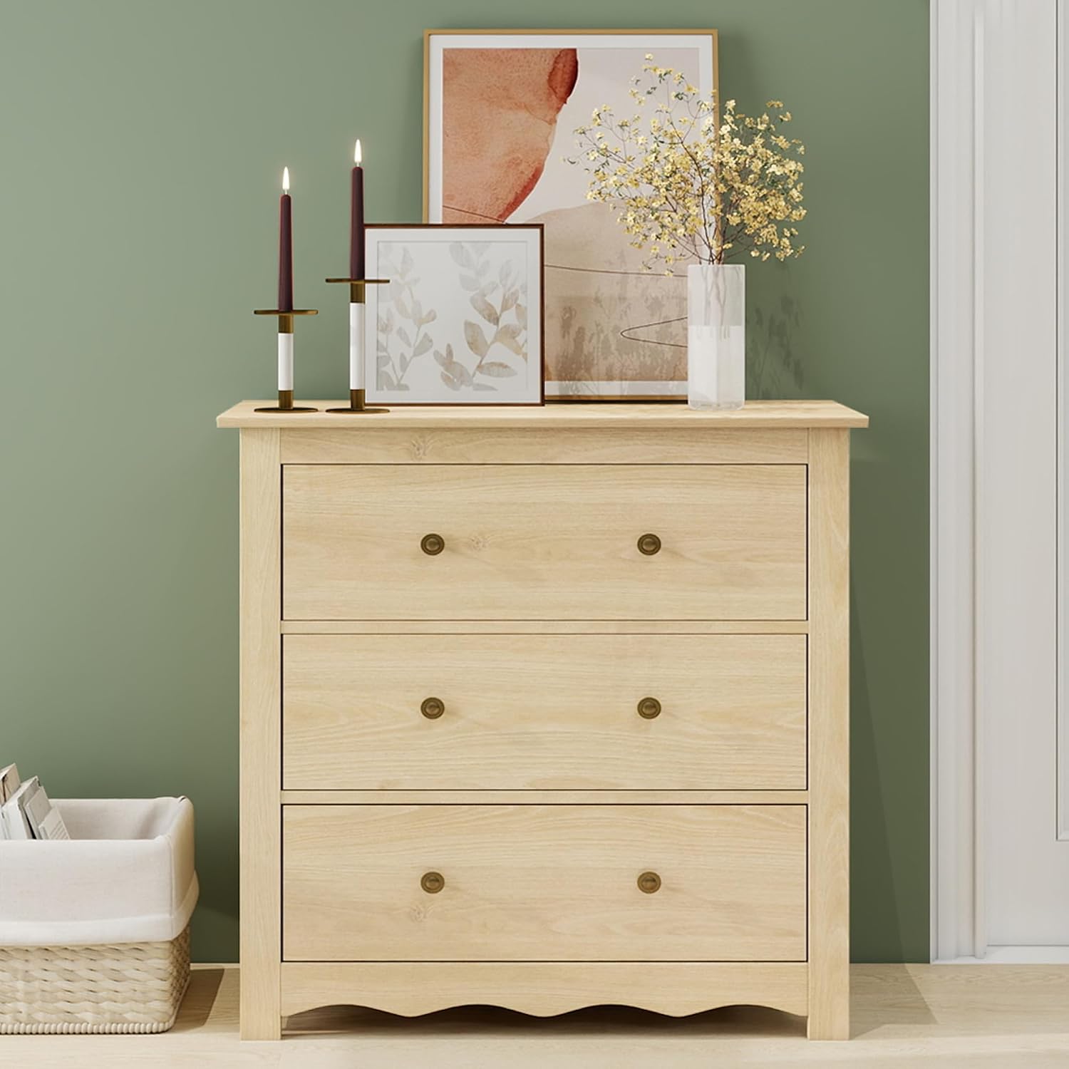 Oversized Dresser for Bedroom with 6 Drawers, Mid Century Modern Wooden Dresser Chest of Drawers with Handles, 3 Drawer Nightstand Set of 2, Storage Organizer for Bedroom, Living Room, Wood