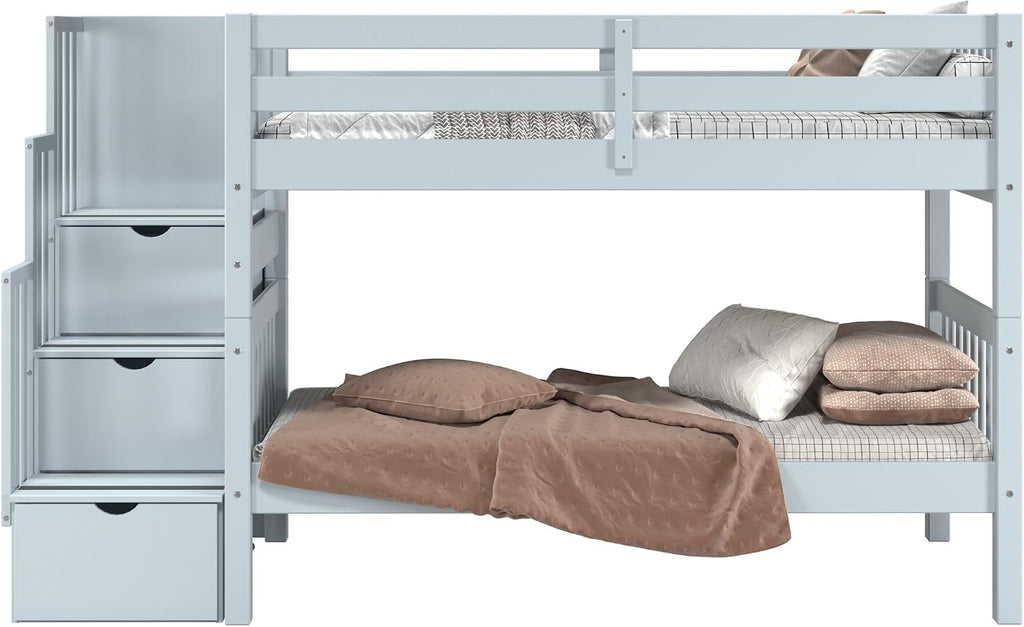Bedz King Stairway Bunk Beds Twin Over Twin, 3 Step Drawers, Breezy Blue