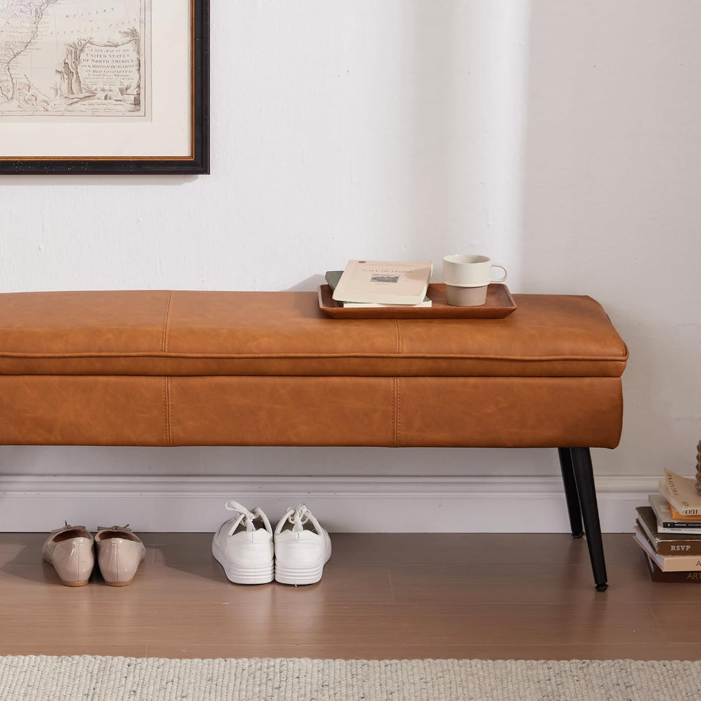 Ottoman with Storage Bench, End of Bed Bench with Flipping Lid, Mid-Century Modern & Faux Leather with Stitching, Loads 660 lb, for Living Room, Bedroom, Entryway, Cognac Brown