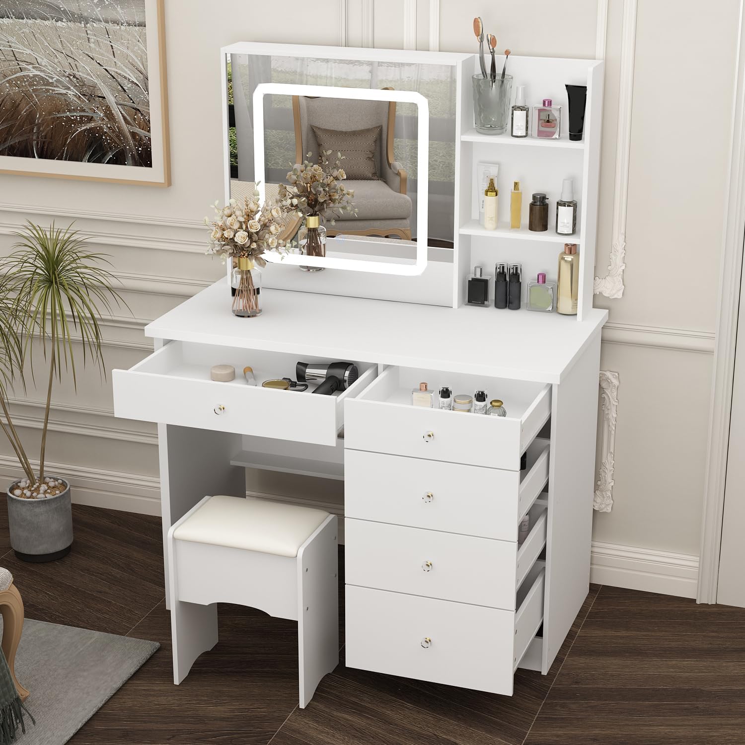 Vanity with Chair, Dressing Table with Lighted Sqaure Mirror, 5 Drawers and Shelves, Makeup Vanity Set with Storage for Bedroom, Crystal Knobs, White, 19.7' D x 39.4' W x 53.5' H