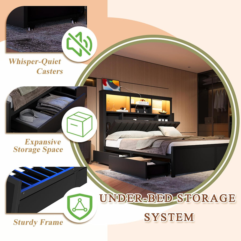 King Bed Frame with Storage Drawers & High Storage Headboard, Metal King Size Bed Frame with Headboard, LED Light & Charging Station, Black King Size Bed Frame, No Box Spring Needed