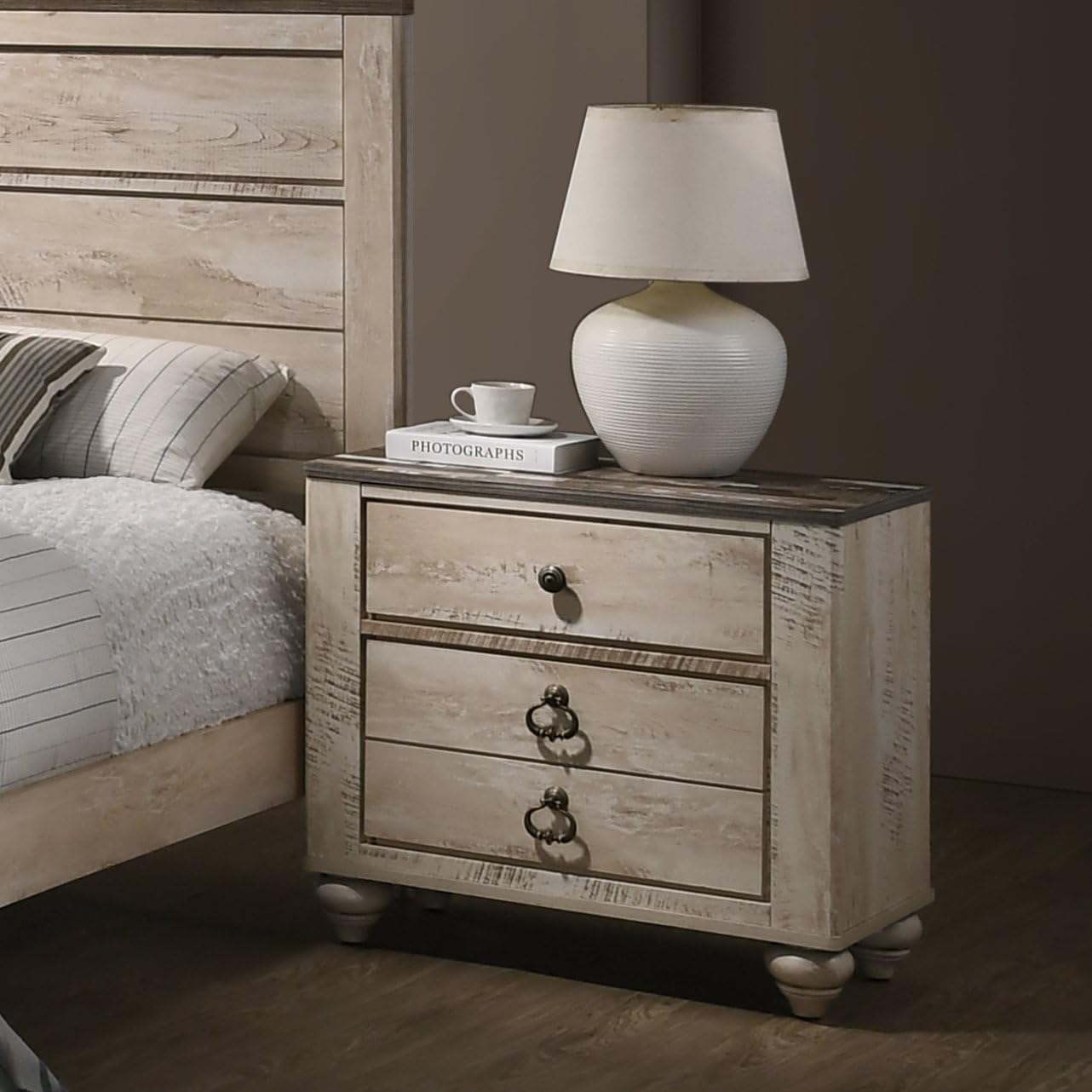 3-Piece King Bedroom Set: Contemporary White Wash Finish - Walnut Brown Wood Frame & Nightstands - Urban Chic Style for Modern Bedrooms