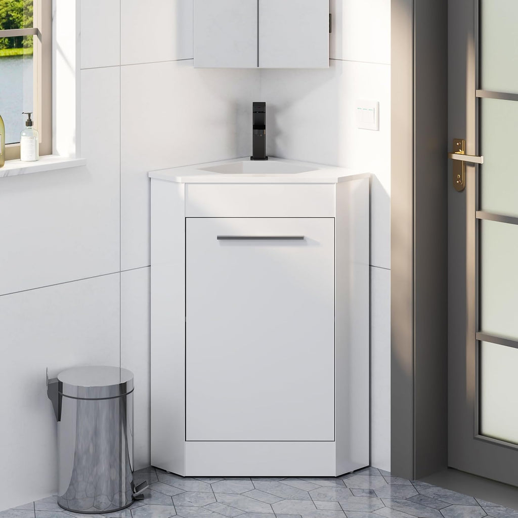 eclife 26' Corner Bathroom Vanity Sink Combo for Small Space Freestanding Storage Cabinet with White Resin Sink and Matte Black Faucet, White