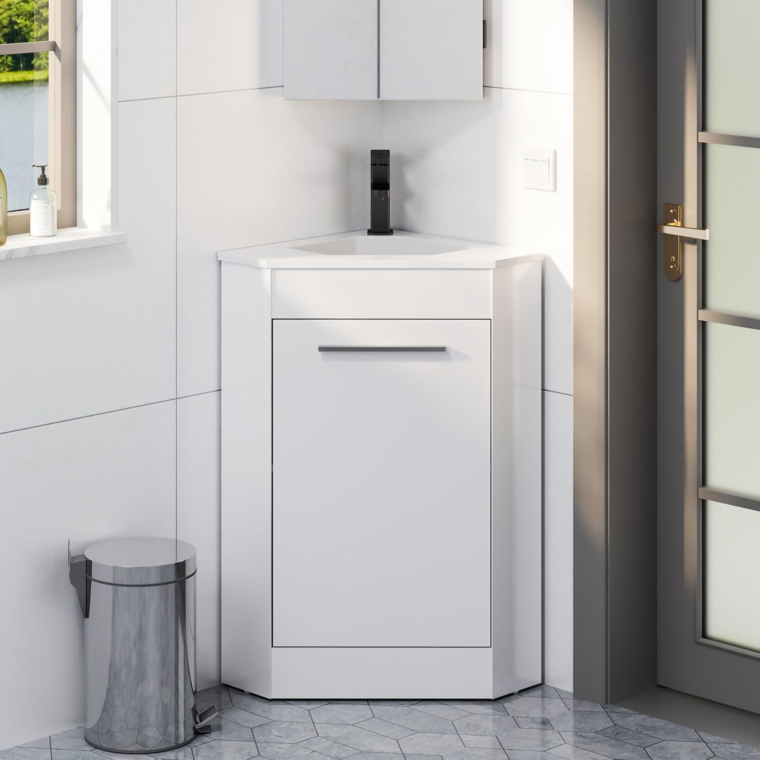 eclife 26' Corner Bathroom Vanity Sink Combo for Small Space Freestanding Storage Cabinet with White Resin Sink and Matte Black Faucet, White
