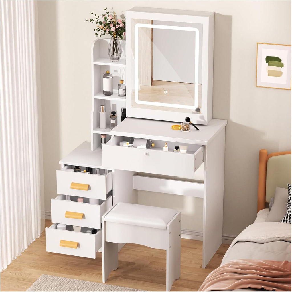 Vanity Desk with Mirror and Lights,Teen Girls Makeup Vanity Table, Dresser with mirror, Bedroom Vanity Set with 6 Spacious Drawers ,Shelves Dressing Desk for Bedroom Dressing Room (White with light)