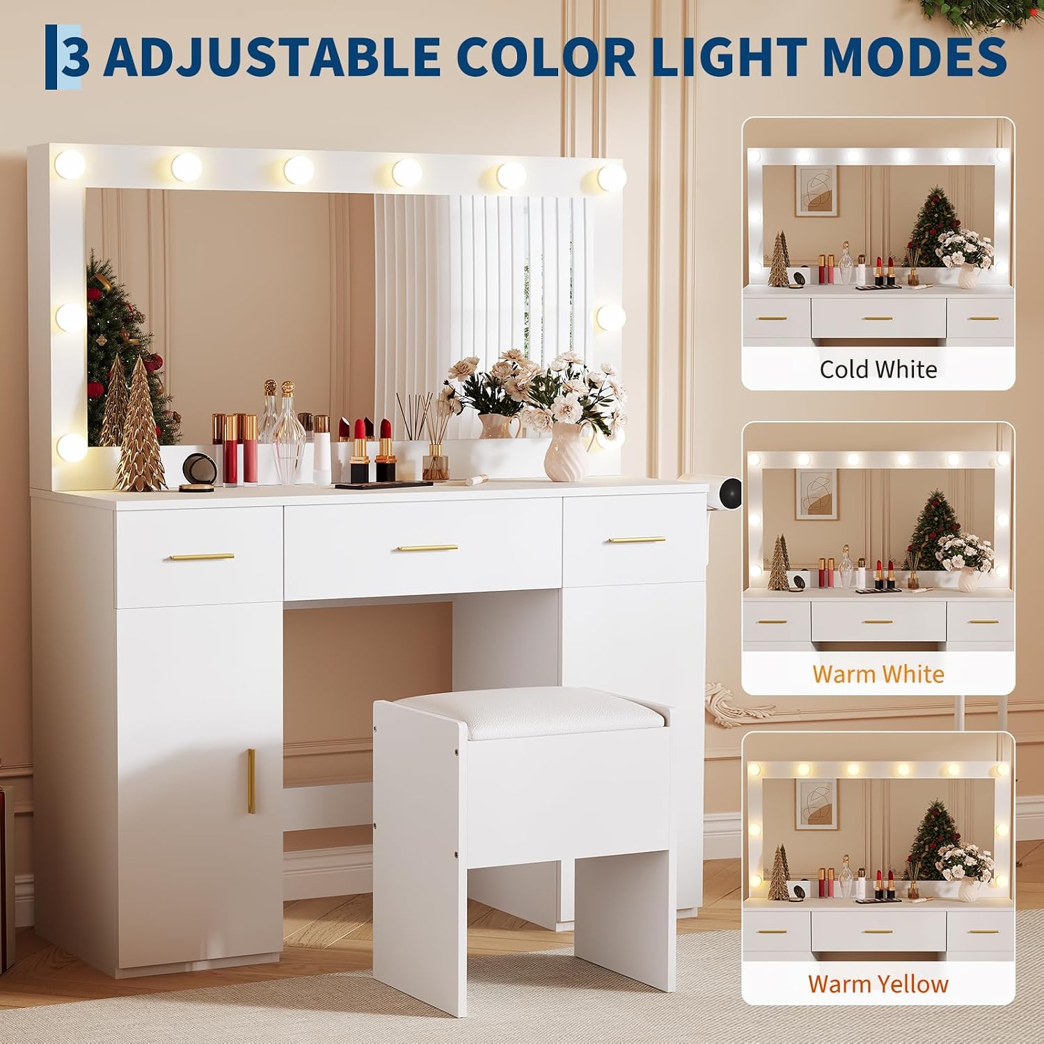 IDEALHOUSE Makeup Vanity Desk with Mirror and Lights, Modern White Vanity Table with Drawers, Charging Station & Storage Stool, Wood Make Up Vanity Set for Bedroom Apartment