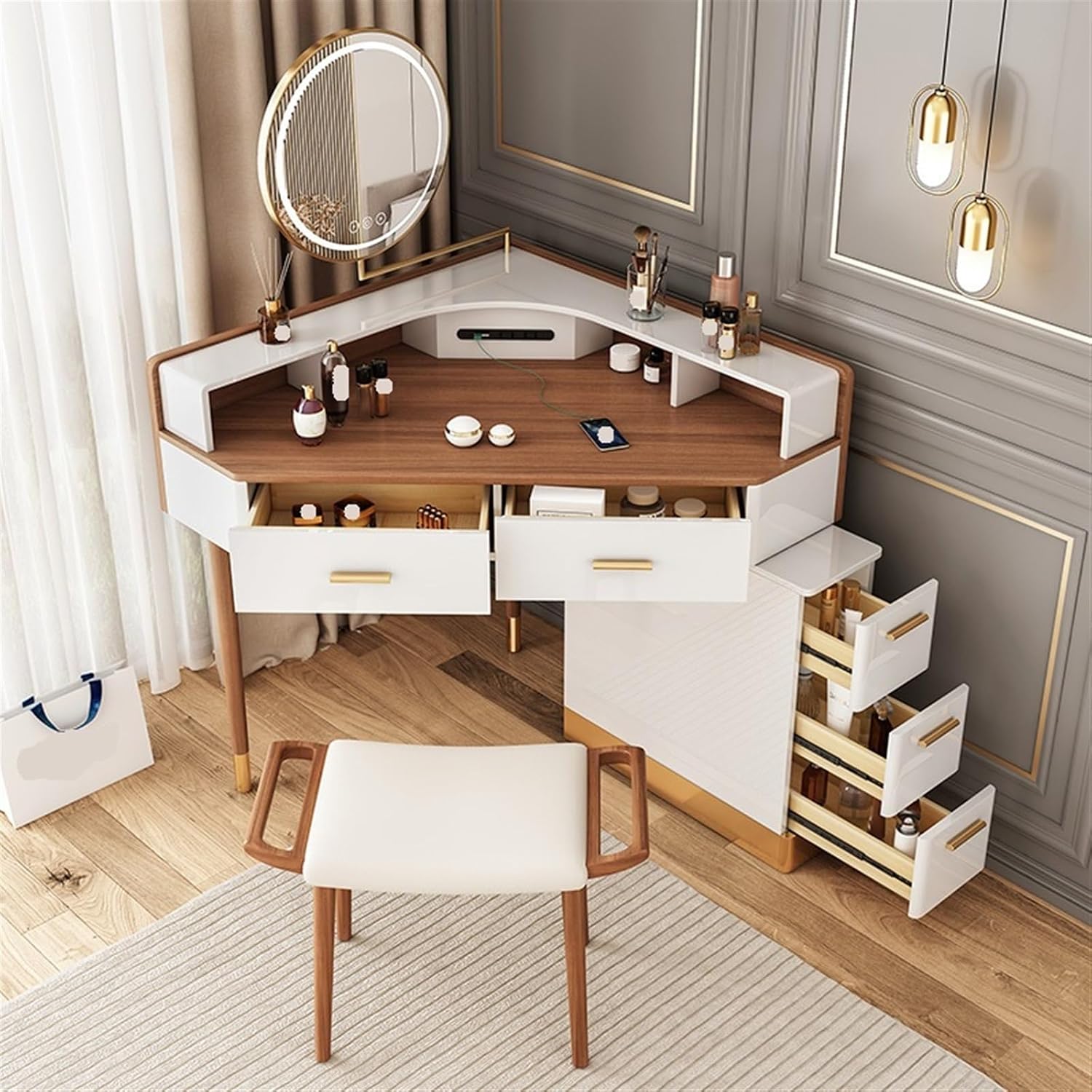 Makeup Vanity Desk Modern Corner Vanity Large Size Dresser with Cabinet and Rotating Mirror Makeup Dressing Table
