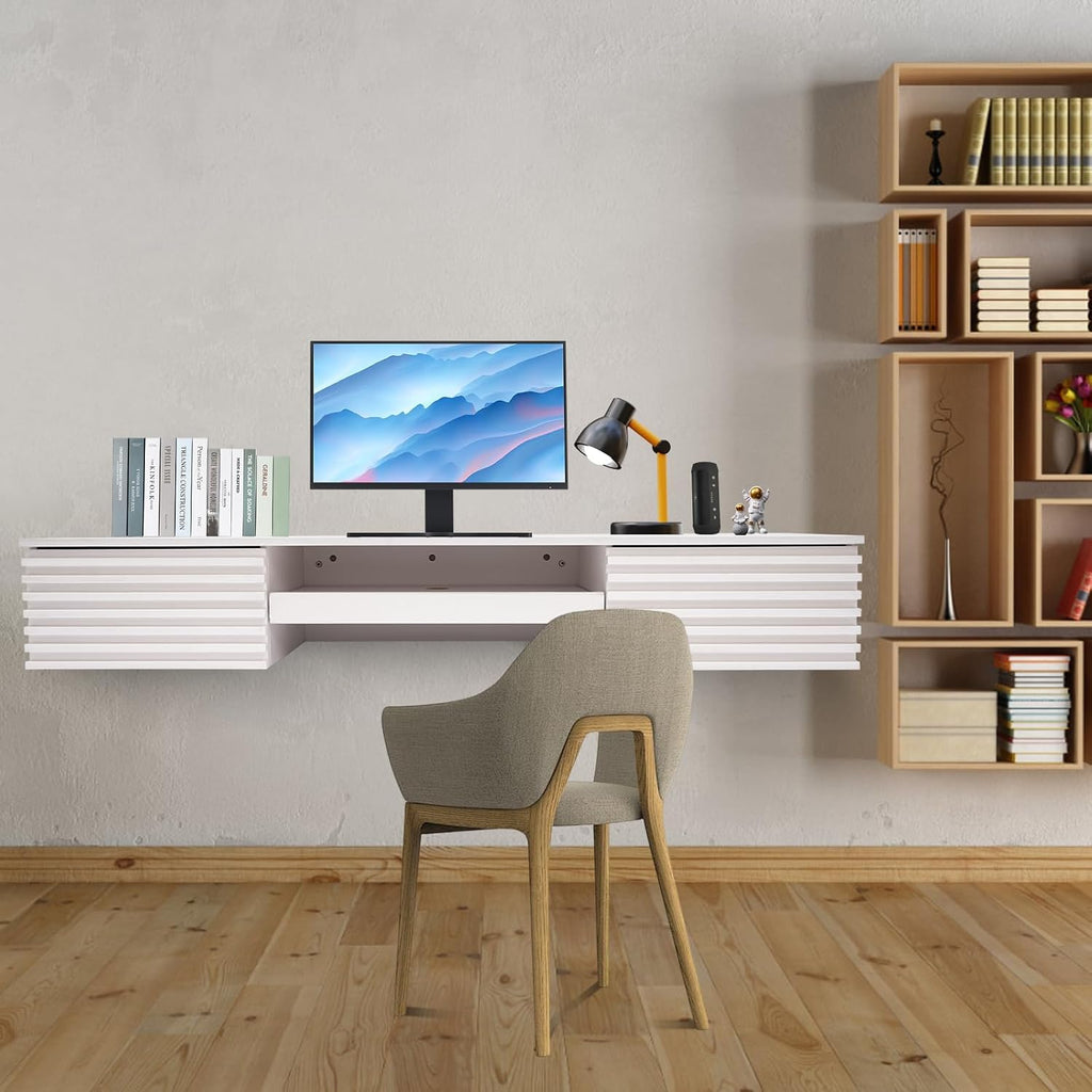 Wall Mounted Desk, Floating Work Table, Small Spaces Hanging Workbench with Pull-out 2 Drawers, Mount Computer Laptop Desks, Wall-mounted Corner Book Shelf for Bedroom Student Dormitories (White)