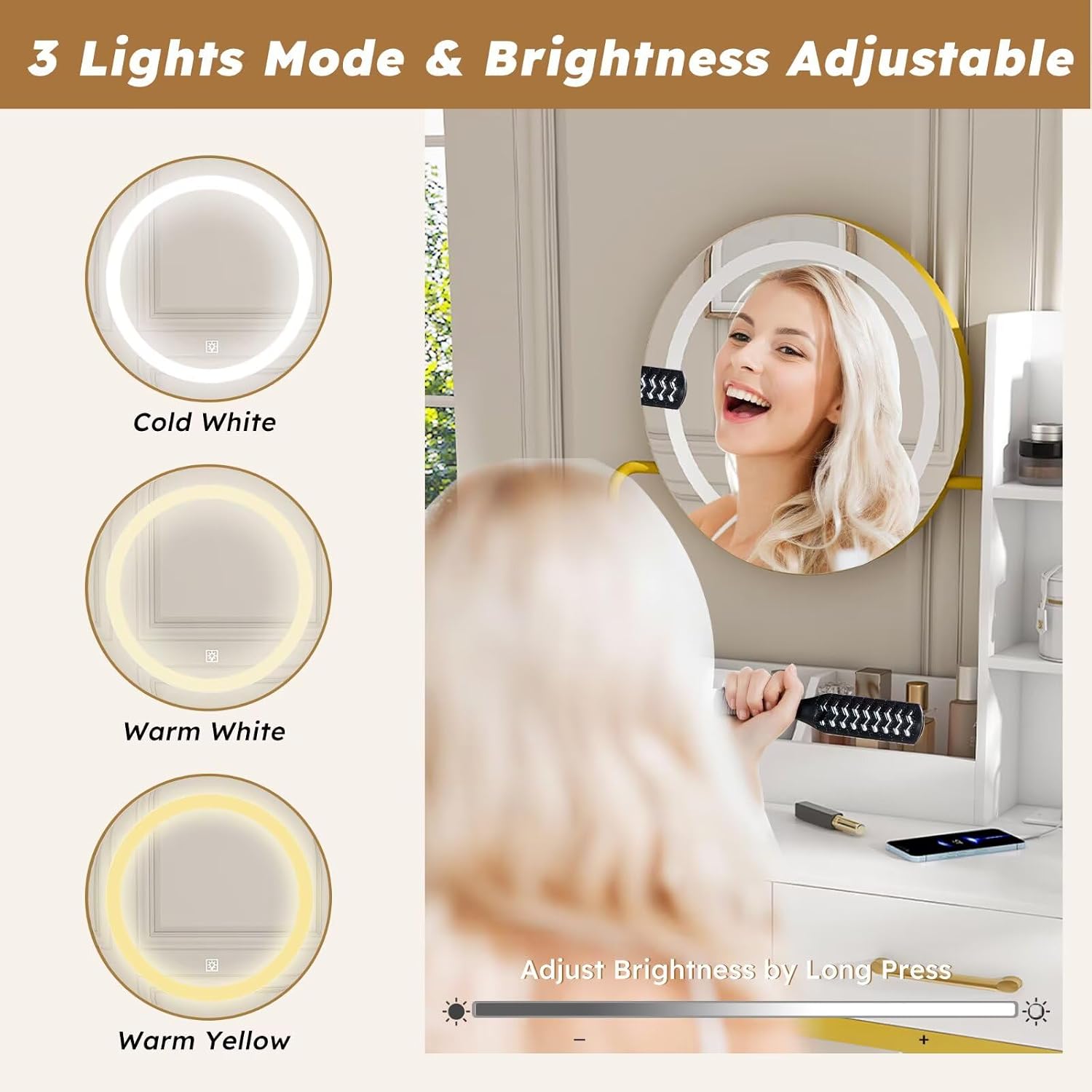 Makeup Vanity with LED Lights&3 Color and Power Outlet Makeup Vanity Table with 2 Big Drawers with Sturdy Metal Leg and Metal Chair Dressing Table for Bedroom Dressing Room