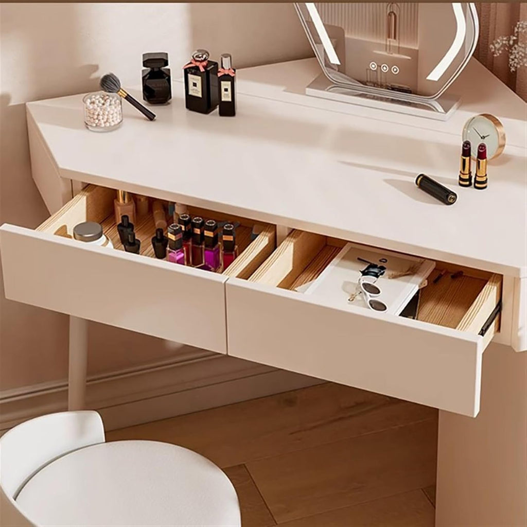 Makeup Vanity Desk Modern Vanity Desk, White Corner Table, Small Space Makeup with Mirror and 5 Drawers(Small)
