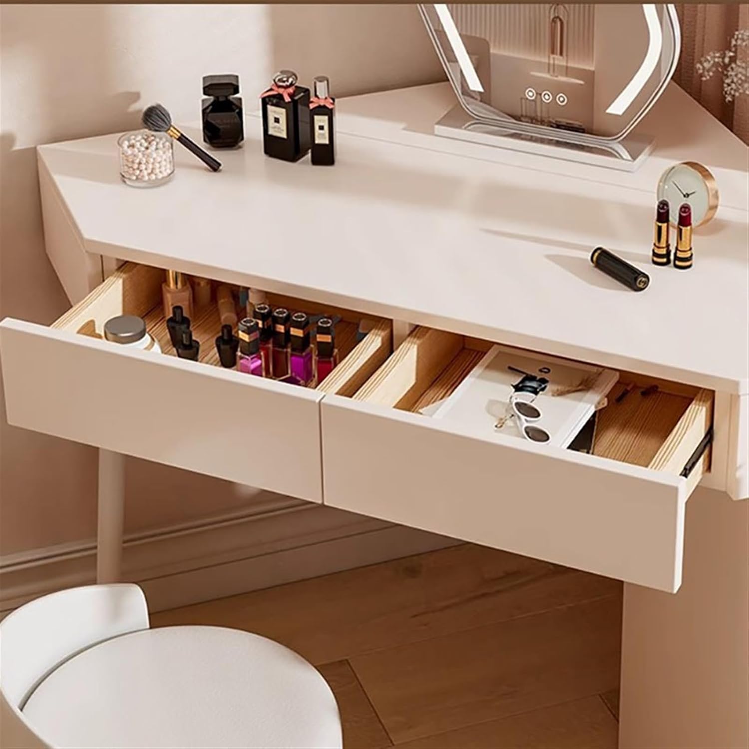 Makeup Vanity Desk Modern Vanity Desk, White Corner Table, Small Space Makeup with Mirror and 5 Drawers(Medium)