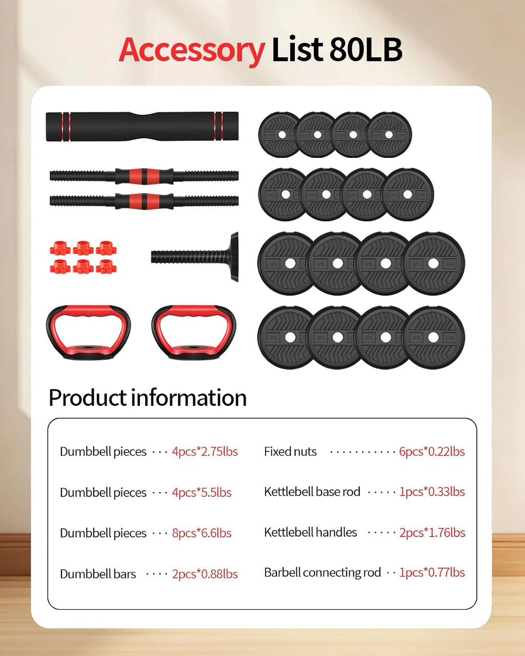 Adjustable Dumbbells,20/30/40/60/80lbs Free Weight Set with Connector, 4 in1 Dumbbells Set Used as Barbell/Kettlebells/Push up Stand, Fitness Workout Equipment for Home Gym for Youth,Women/Men