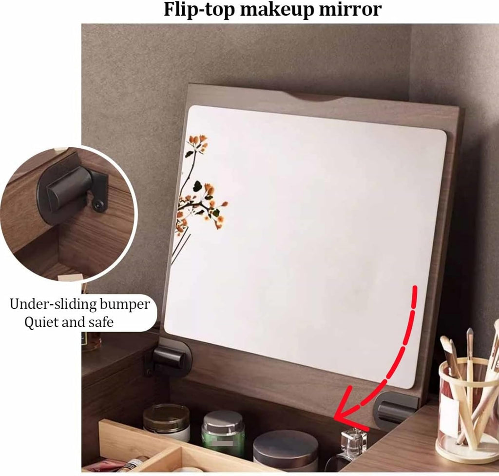 Corner Vanity Desk, Modern Dressing Table with Flip Top Mirror, Compact Vanity with Drawers, Natural Oak Makeup Table for Checkroom Apartment Bedroom Makeup Room(Walnut)