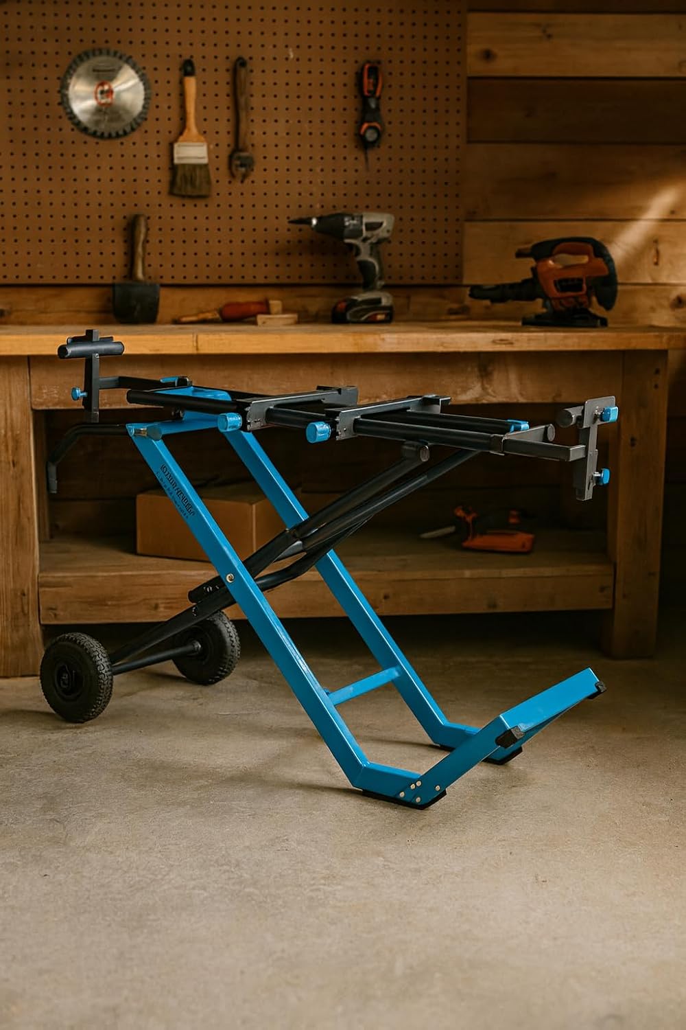 Channellock Folding Miter Saw Stand - Heavy-Duty Steel, Rolling Mobile Base, 10 Ft Extension - Blue