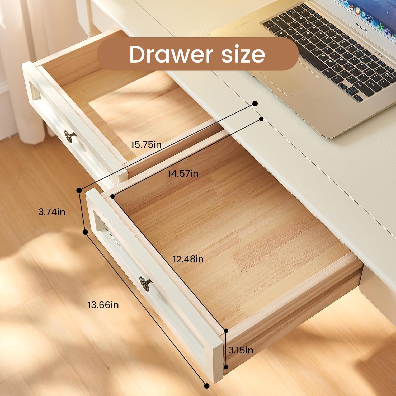 French Country Style Writing Desk, Writing Table with Double Drawer Storage, 47'' Long Solid Wood Farmhouse Computer Table, 30' High Vanity Dressing Desk, Rounded Table Corners,for Office or Workspace