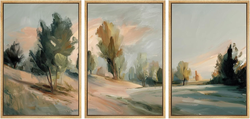 SIGNWIN Framed Canvas Print Wall Art Set Modern Countryside Landscape Abstract Trees and Field Illustrations Modern Art Decorative Rustic for Living Room, Bedroom, Office - 16'x24'x3 Natural